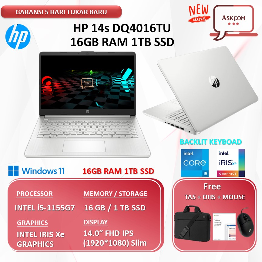 Laptop HP 14s DQ4016TU i5 1155G7 16GB 1TB SSD IRIS Xe 14.0FHD IPS Win11+OHS 2021 2yr