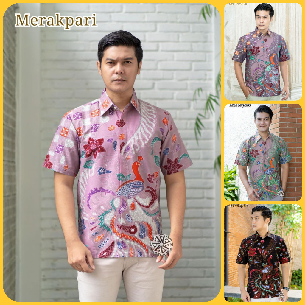 Kemeja Batik Tulis Pria Berlapis Furing Trikot Lengan Pendek Handmade motif merakpari - Hem Batik