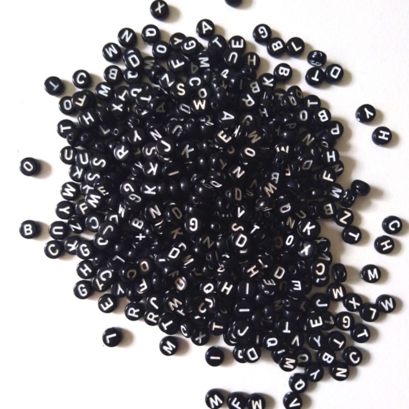 100pcs - Manik Manik Huruf Bulat Hitam/Mote Huruf Bulat/Monte Huruf