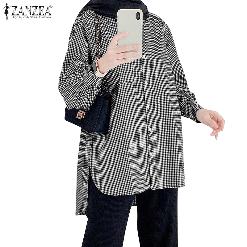 ZANZEA Women Muslim Casual Long Sleeve Button Up Check Formal Lapel Blouse