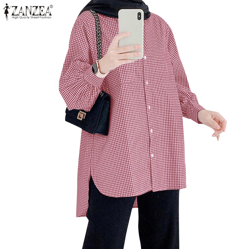 ZANZEA Women Muslim Casual Long Sleeve Button Up Check Formal Lapel Blouse