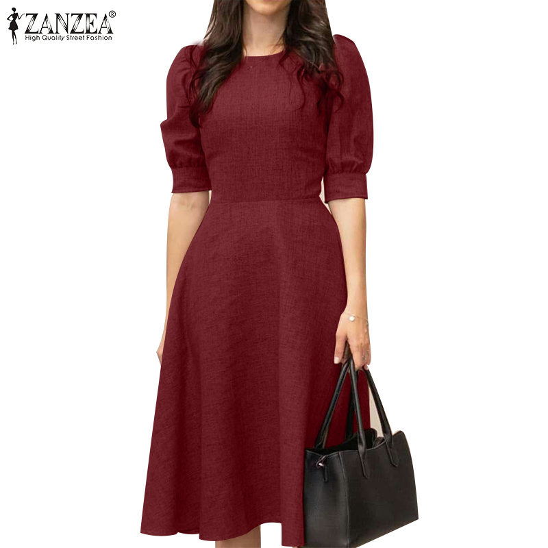 ZANZEA Women's Party O-Neck Waist A Swing Solid Color Bubble Sleeve Dress