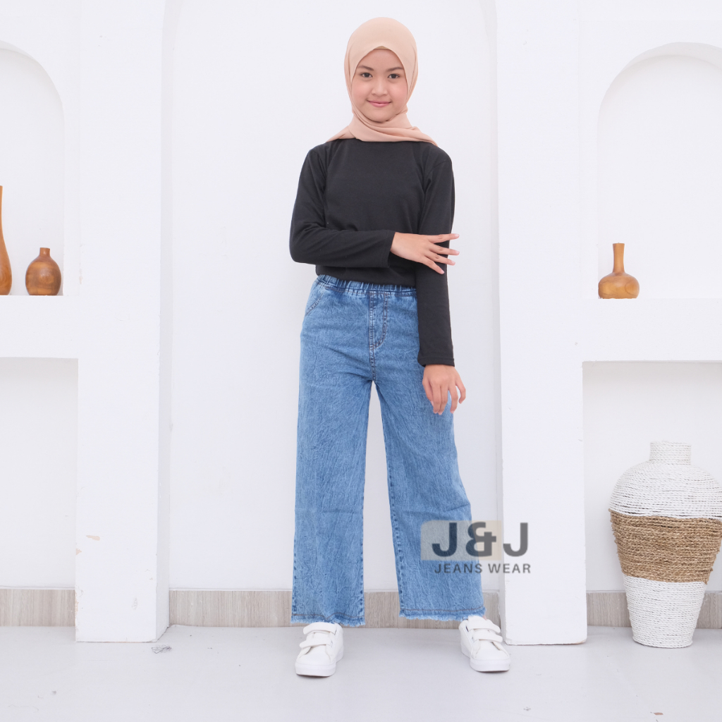 Celana Kulot Jeans Longgar Pinggang Karet Unfinished