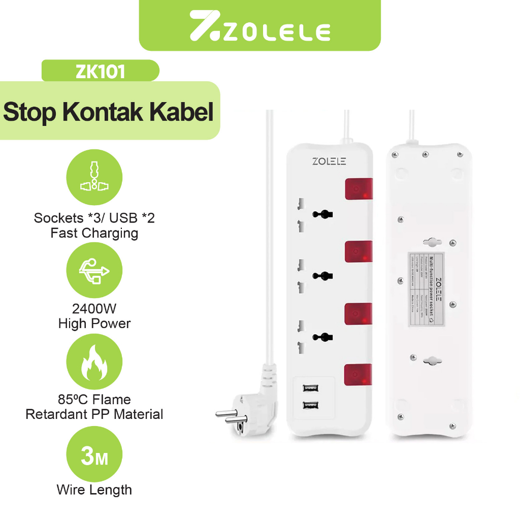 ZOLELE Stop Kontak Kabel Smart Colokan Listrik 3 Lubang Stopkontak 2 USB Port Power Strip 3M Soket Pengaman Lubang Saklar Timer Powerstrip ZK101