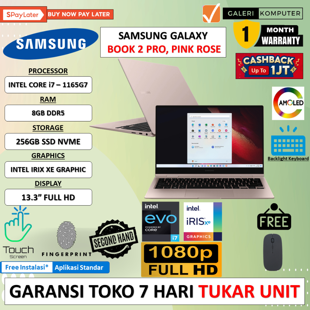 LAPTOP SAMSUNG GALAXY BOOK2 PRO X360 2IN1 INTEL EVO I7 1165G7 8GB 256GB IRIS XE 13.3 FHD TOUCH BL FP WINDOWS 11 HOME ORIGINAL