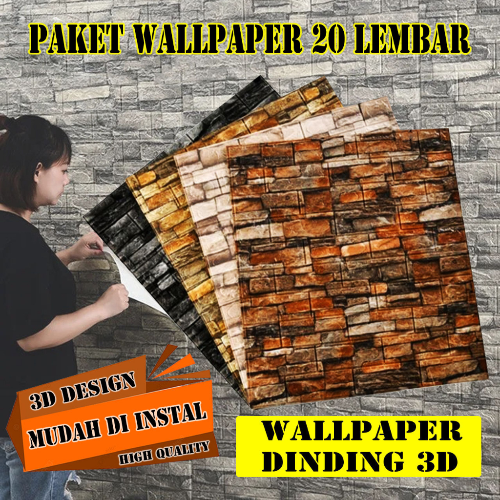 Paket Wallpaper Dinding Isi 20 Lembar Foam 3D Timbul  Corak Batu Bata Alam