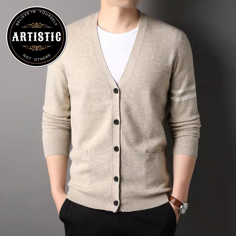 Sweater Cardigan Pria Korea Polos Casual Cotton Rajut Tebal Premium