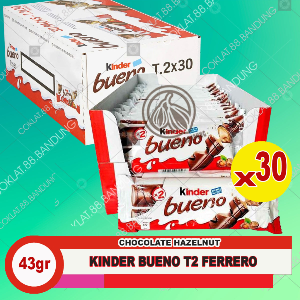 

KINDER BUENO 1 BOX ISI 30 X 43GR, COKLAT KINDER BUENO HALAL T2 ISI 30 PCS X 43 GR MINI BY FERRERO