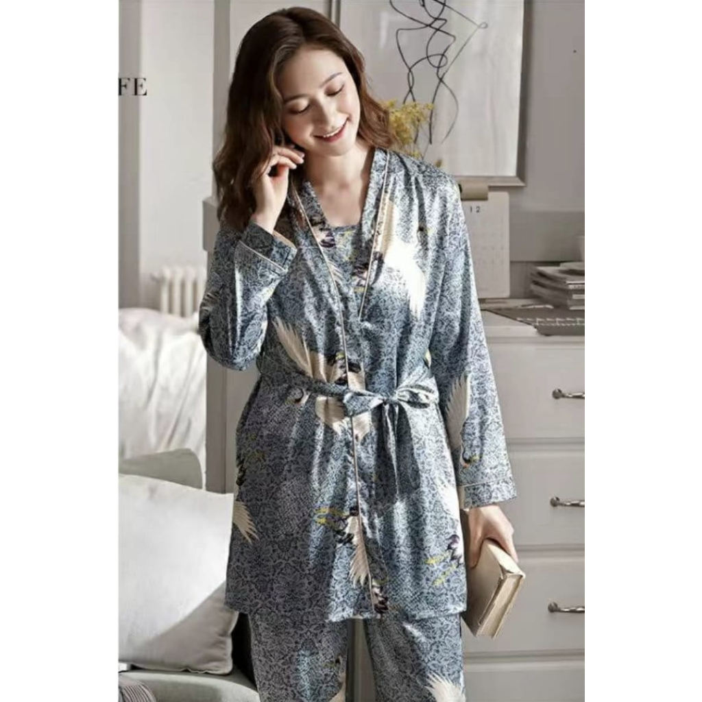 baju tidur kimono bahan satin silk import 3in1