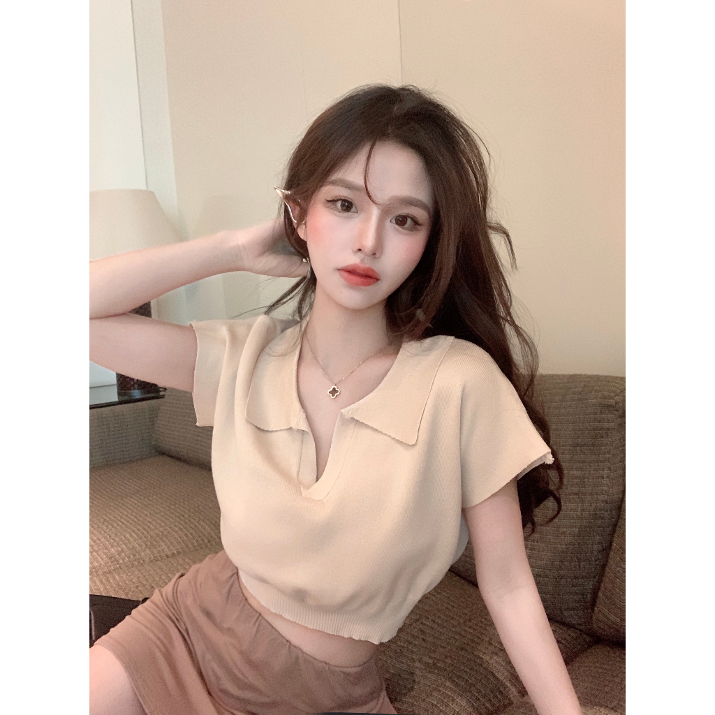 Kaos Rajut Lengan Pendek Wanita Polos Crop Top Korean Style Knit Baju Atasan Wanita Terbaru