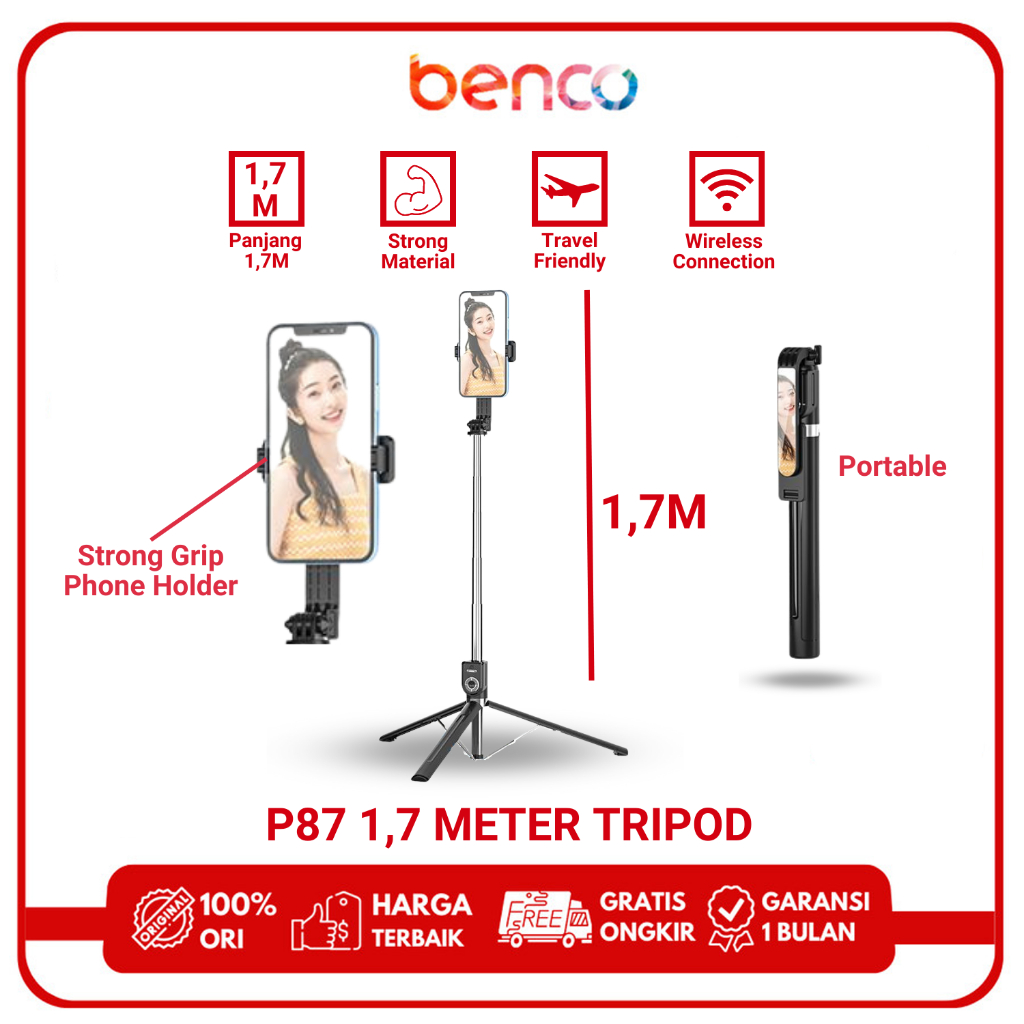 BENCO Extendable Selfie Stick Tripod 1,7 M Wireless Remote P87 for Group Selfies/Live Streaming/Video Recording Compatible with iOS/android