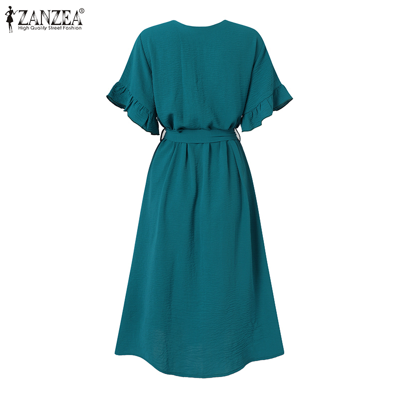 ZANZEA Women Elegant V Neck Ruffle Short Sleeve Solid Button Up Casual Dress with Belt