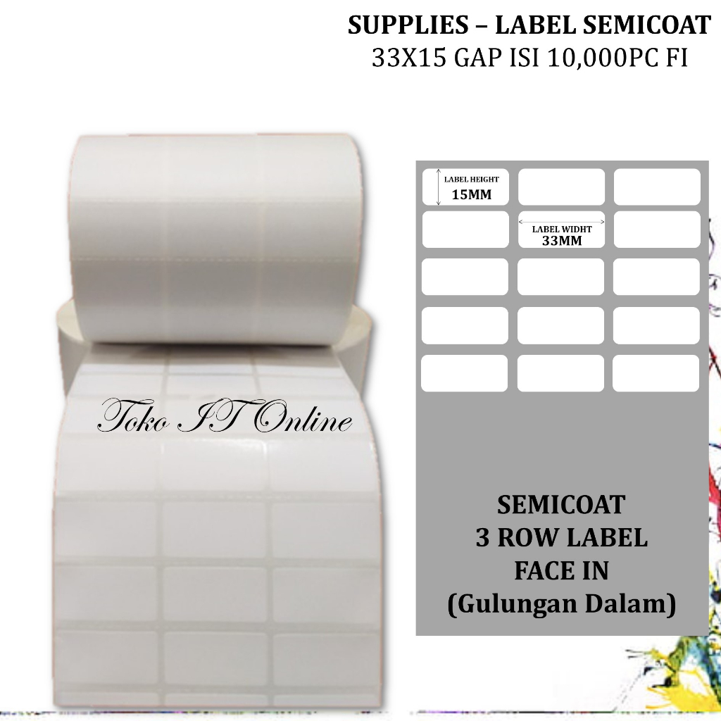 LABEL BARCODE SEMICOATED 33x15 MM 3 LINE ISI 10,000 PCS LABEL STICKER BARANG TO PRINTER POSTEK