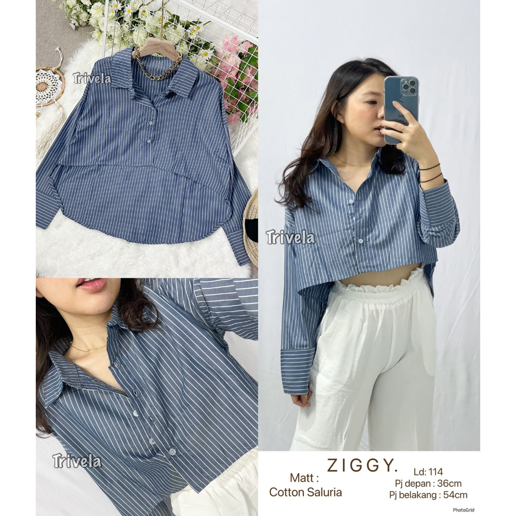 TRIVELA. Ziggy Top ll Stripe Shirt 4 Warna - Kemeja Salur Garis Oversized Crop Shirt Atasan Wanita Lengan Panjang - SJJ