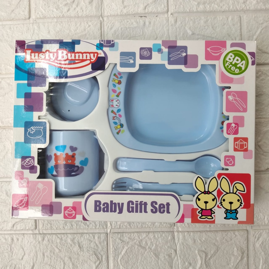 SET Alat Makan BIRU LUSTY BUNNY 1411 Feeding Set BABY GIFT SET Perlengkapan Makan Bayi Gelas Mangkuk Sendok Garpu Kado Bayi Lahir anak Ultah new born  bingkisan giftset sets peralakatan makan baju box eksklusif ibu melahirkan baju celana topi sepatu bayi