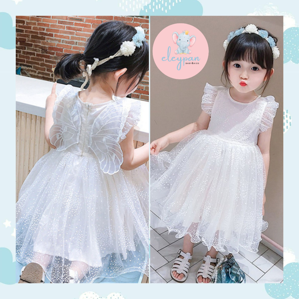 Dress Anak Perempuan Import Gaun Putih Princess Motif Kupu Kupu Butterfly Rok Tutu Mesh Baju Party Ulang Tahun