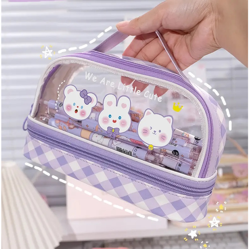 Gelasa Kotak Pensil Anak PVC Transparan Zipper Tenteng Jumbo Waterproof Dual Slot