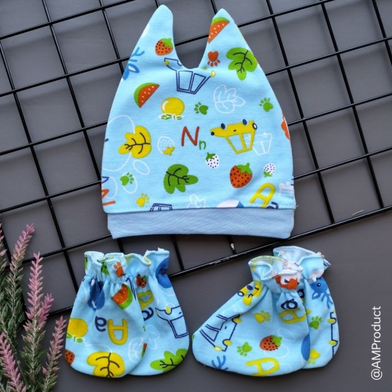 set topi sarung tangan kaki bayi printing