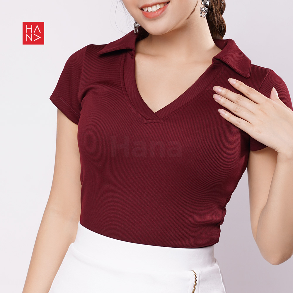 Hana Fashion - Zerra Collared V-neck Rib Knit Tee / Kaos Wanita Gaya Korea - TS520