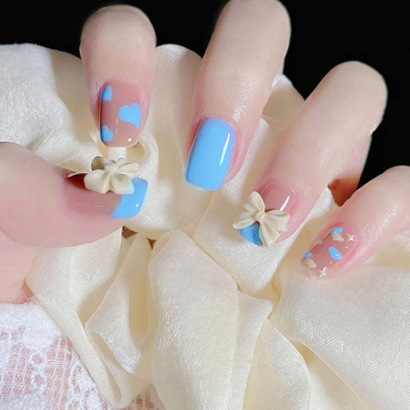 [ COD ] NAILART KUKU PALSU MOTIF BIRU MUDA PITA HATI: 1 SET ( 24 PCS ) KUKU PALSU FAKE NAILRT PENDEK