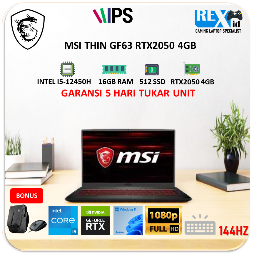 MSI THIN GF63 RTX2050 4GB (i5 12450h 16gb 512ssd W11 15.6FHD IPS 144hz BLIT)