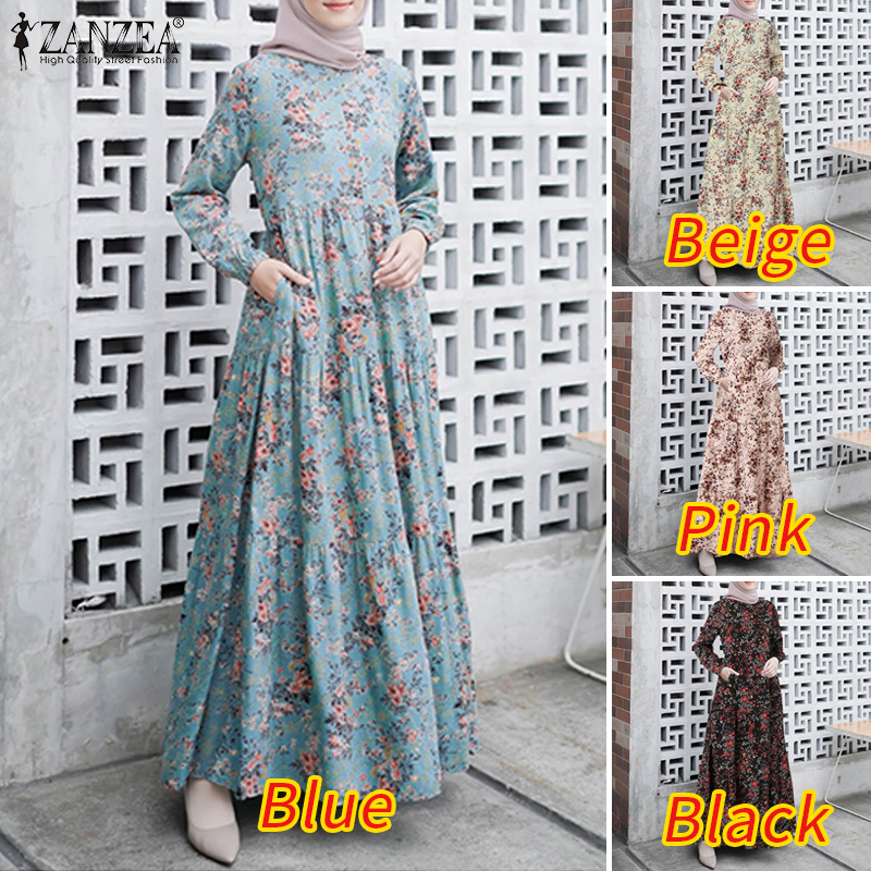 ZANZEA Women Muslim Vacation Casual Elegant O-Neck Long Sleeve Print Maxi Dress