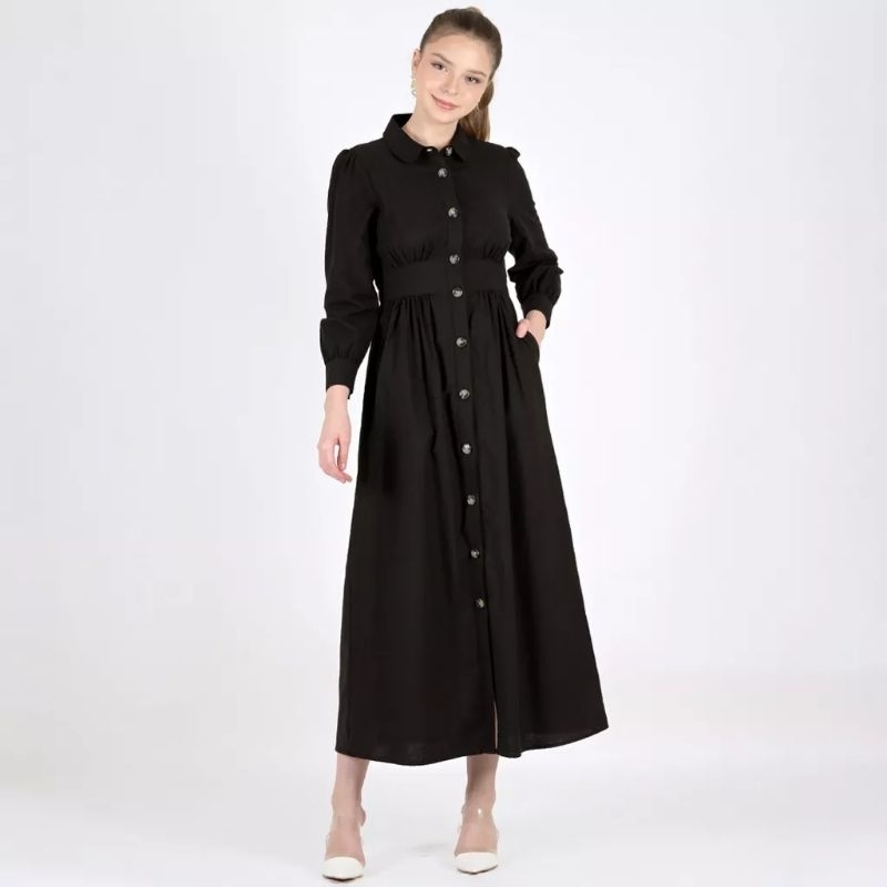 clarrisa black  button up original novel mice look linen gamis hitam