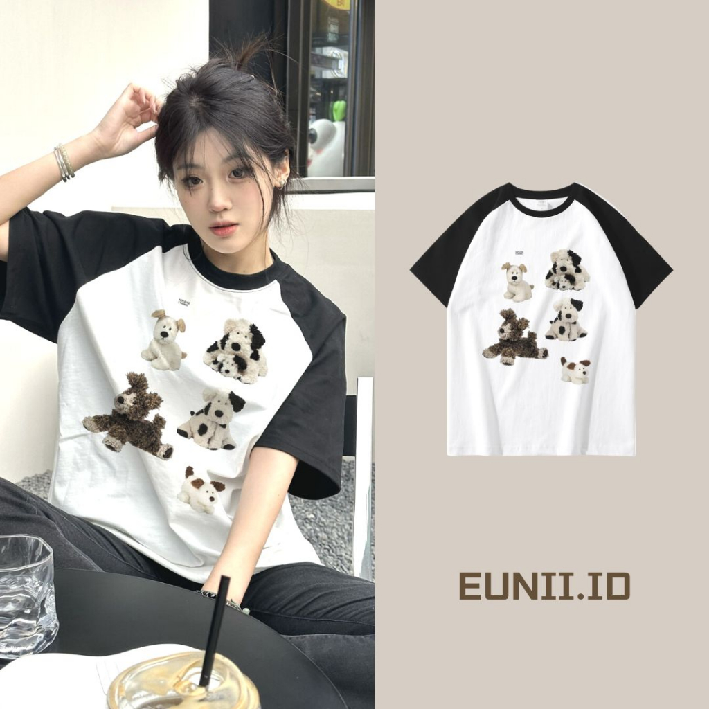 EUNII T-shirt Lengan Pendek Retro Plush Dog Korean Style/Kaos Atasan Wanita/Baju Kaus Oversize Wanita/Kaos Wanita