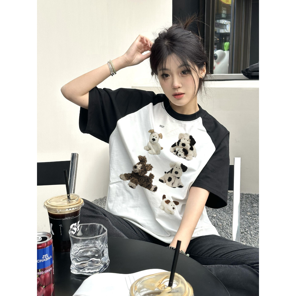 EUNII T-shirt Lengan Pendek Retro Plush Dog Korean Style/Kaos Atasan Wanita/Baju Kaus Oversize Wanita/Kaos Wanita