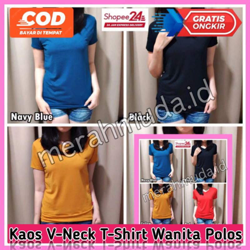 Kaos V Neck Wanita Polos T shirt Blouse Lengan Pendek Premium VS-3330 Lokal Bukan Import Terlaris Te