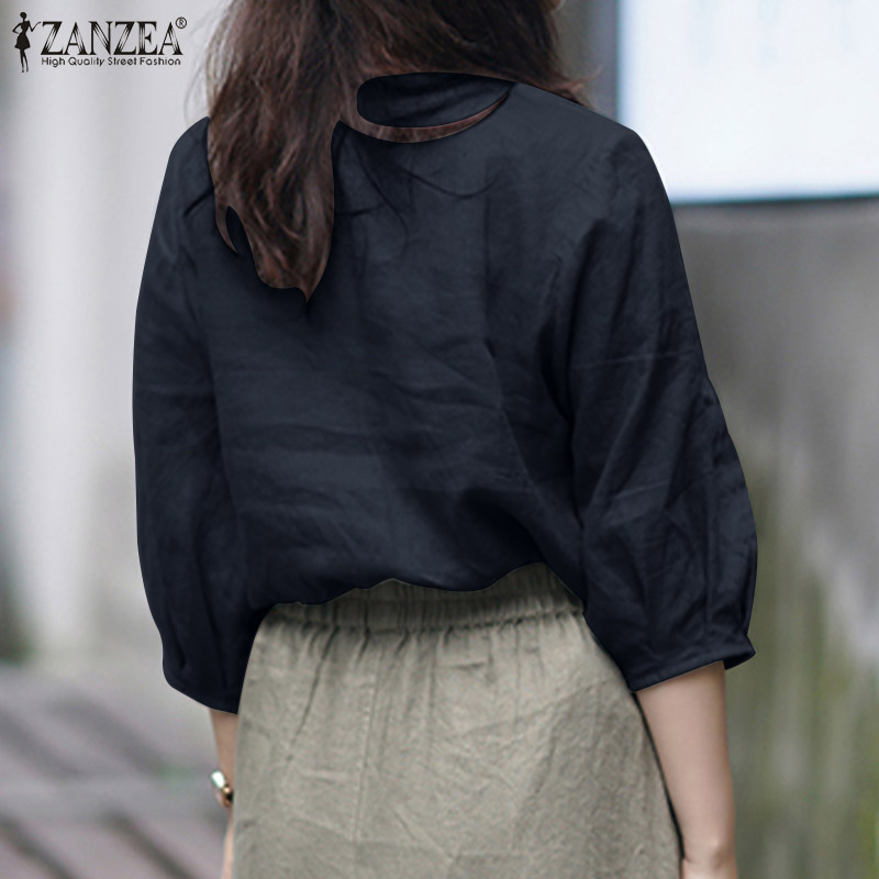 ZANZEA Women 3/4 Sleeved V-Neck Holiday Baggy Causal Solid Color Blouse