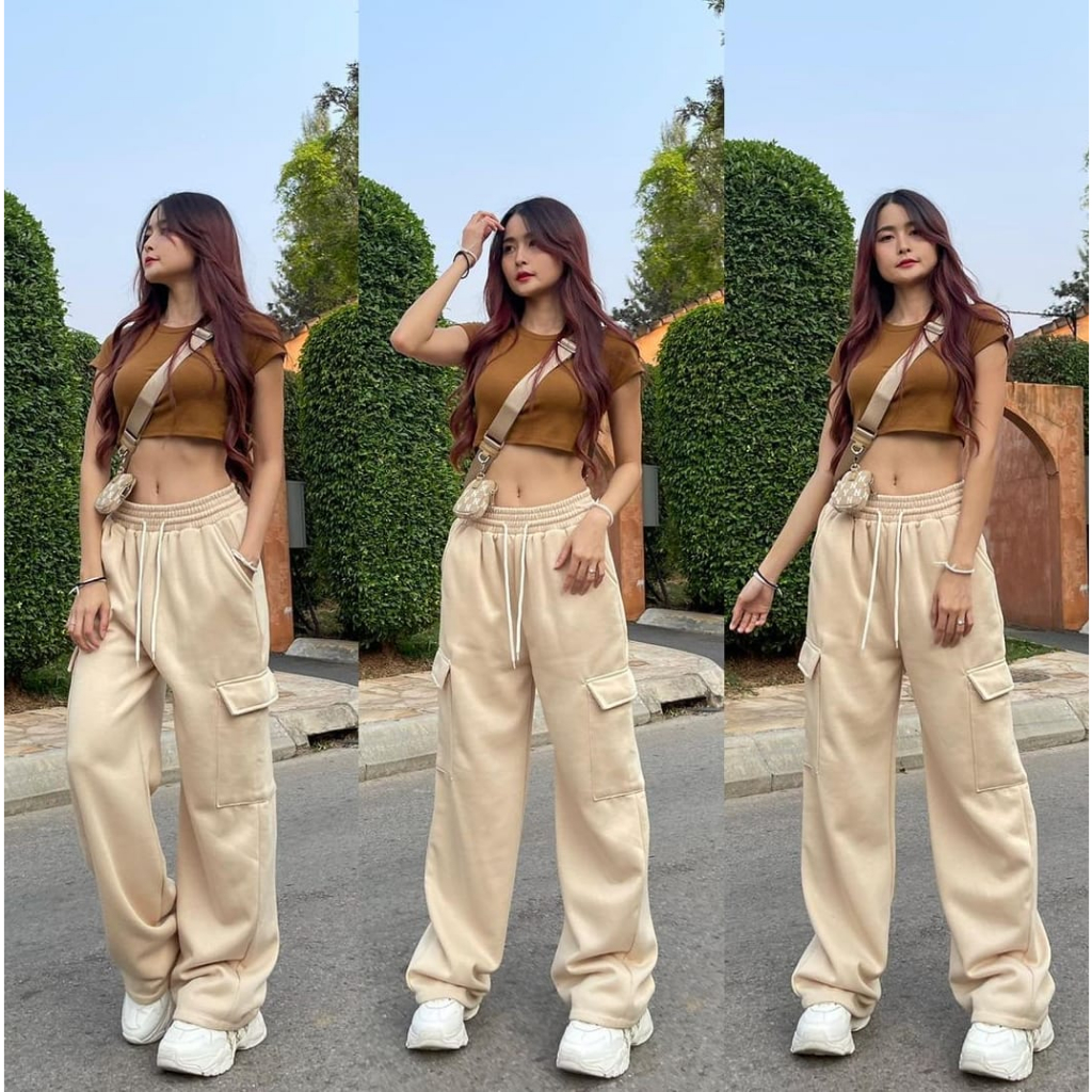 JOOY SWEET PANTS CARGO - CELANA KULOT PANJANG WANITA - BASIC CARGO PANTS SWEAT