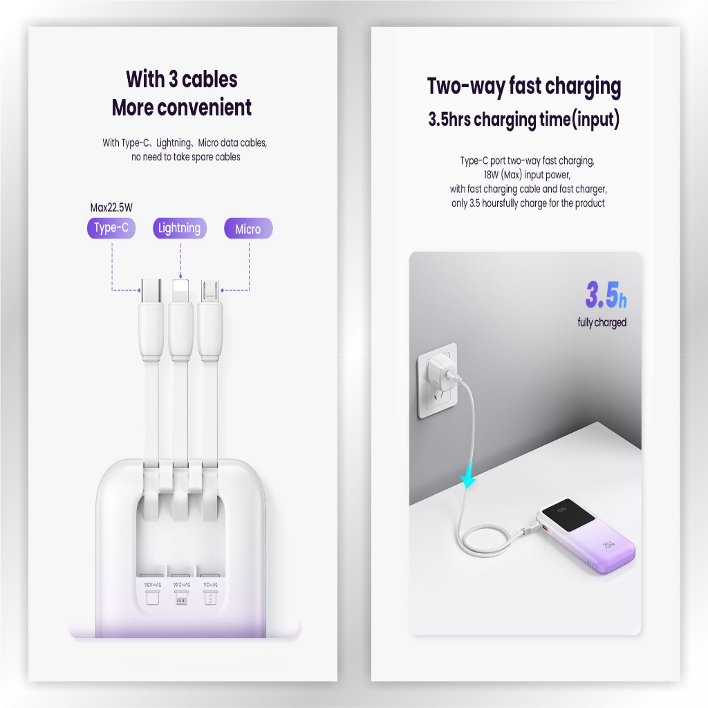 USAMS X-Chel Powerbank With Cables 10000mAh PD20W+QC3.0 Fast Charging