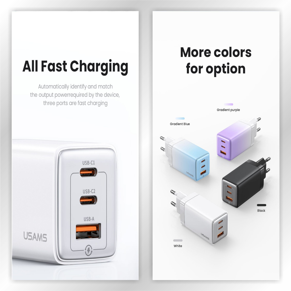 USAMS Sandru Series Adapter Fast Charger GaN 65W 3port ACC