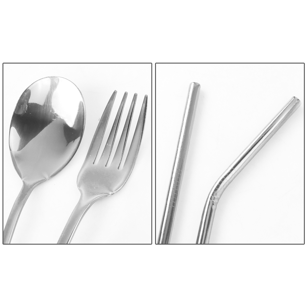 Tofok Set Alat Makan Sendok Garpu Sedotan Sumpit dengan Pouch 6 PCS - T10 - Silver