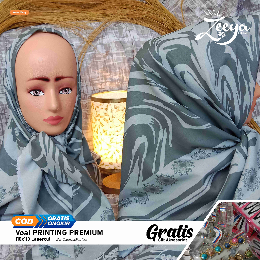 Kerudung VOAL hijab wanita fullprinting premium lasercut Gratis peniti hijab bross dll gambar realpict/Zeeyahijab