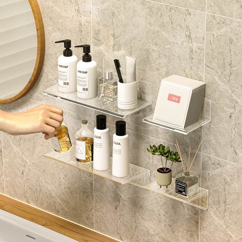 Rak Akrilik Kamar Mandi Tempat Skincare conditioner diffuser pewangi ruangan Wadah Shampo Sabun Perekat Tebal Kuat Bathroom Organizer Rack - Black White Hitam Putih rak gantung estetik transparan