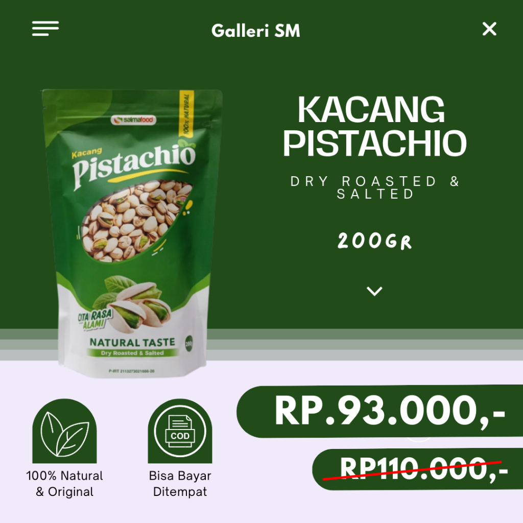 

Kacang Pistachio 200gr Oleh Oleh Haji Umrah Natural Taste Dry Roasted & Salted Asli Original