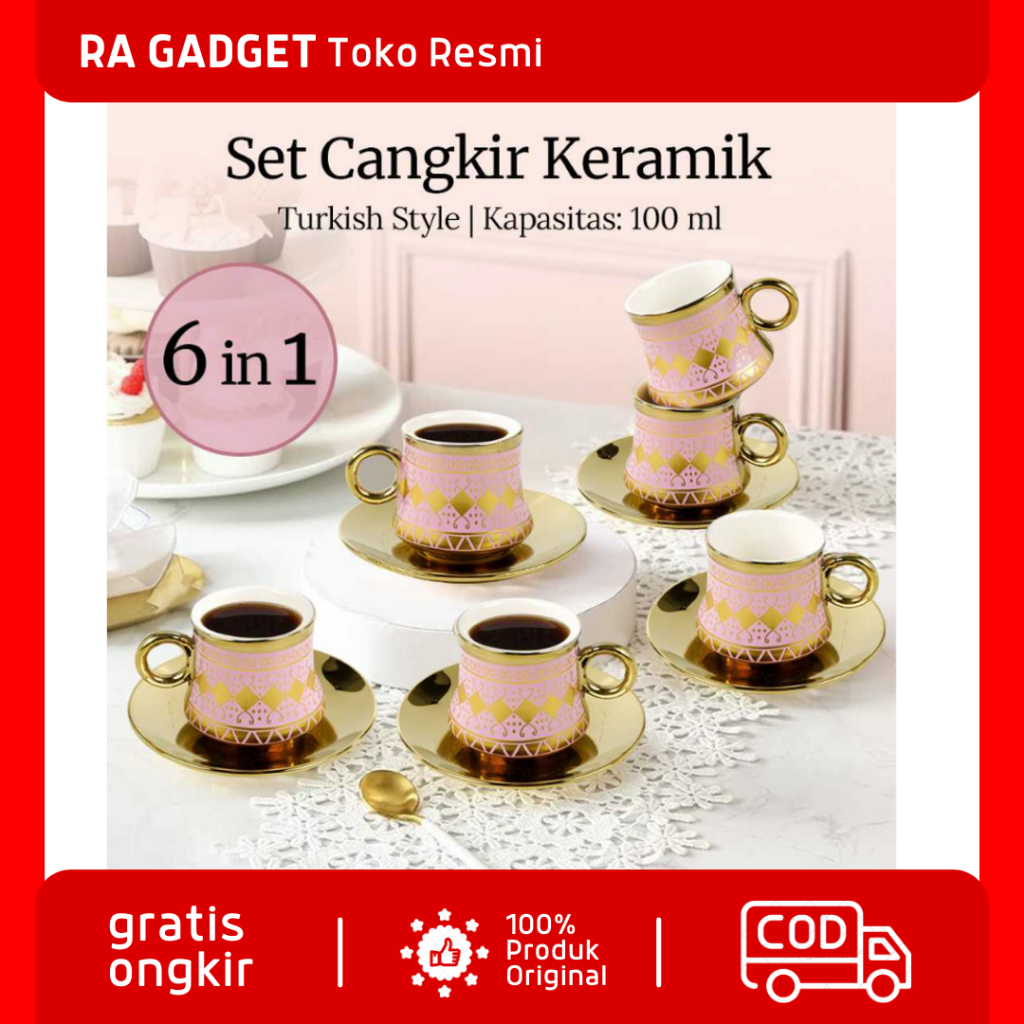 Set Cangkir Keramik 6 in 1 Tea Coffee Cup Turkish Style 100ml / Cangkir Gelas Mug Set Keramik Kopi T
