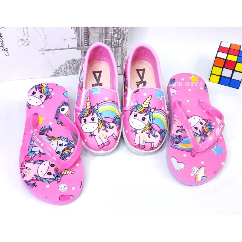 Sepatu Anak Perempuan Paket Sepatu dan Sandal Jepit Anak Perempuan Paket Slip On dan Sandal Flat Anak Murah Lucu Karakter Unicorn Pink