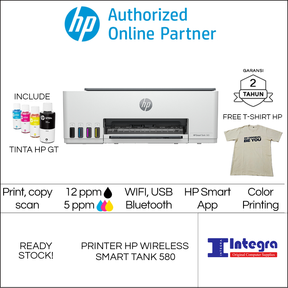 Printer HP Smart Tank 580 All In One Wireless Wifi Garansi Resmi HP GT53 GT52 (Pengganti HP Printer Ink Tank 415)