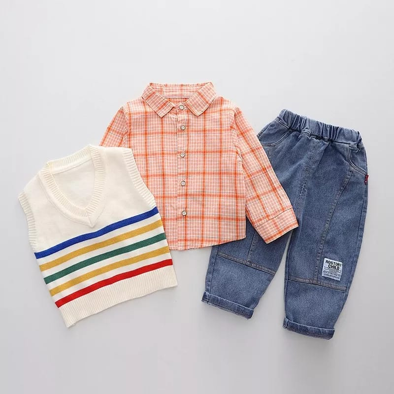 PROMO-SETELAN SWEATER ROMPI RAJUT ANAK LAKI LAKI PEREMPUAN UMUR 1-5 TAHUN MOTIF 3IN1 SALUR CELANA DENIM SETELAN SWEATER KARDIGAN ANAK TERBARU