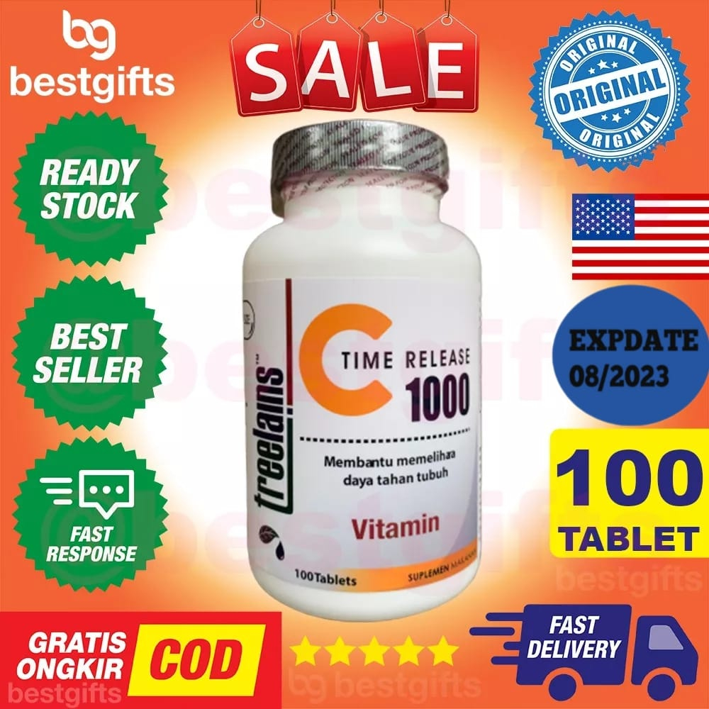 TREELAINS C 1000 MG TIME TIMED RELEASE WITH ROSE HIPS VITAMIN VIT C GIGI DAYA TAHAN TUBUH 100 TABLET