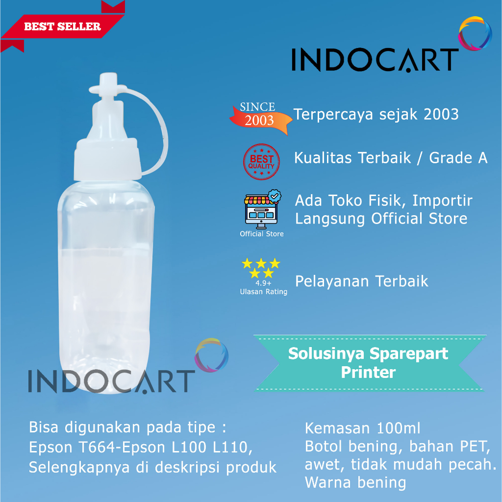 Botol Bulat-100ml-Bening PET+corong kerucut-Brother Epson 664 673