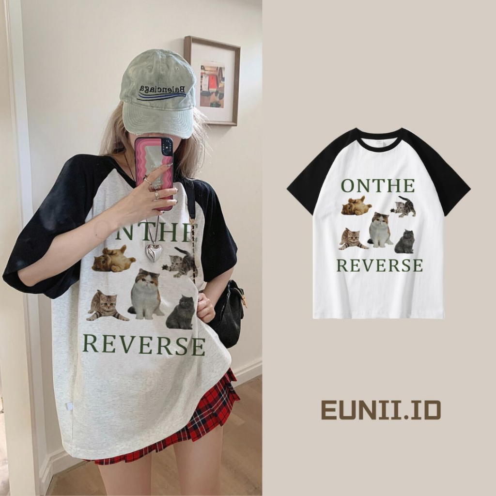 EUNII T-shirt Lengan Pendek Cartoon Funny Cat Korean Style/Kaos Atasan Wanita/Baju Kaus Oversize Wanita/Kaos Wanita