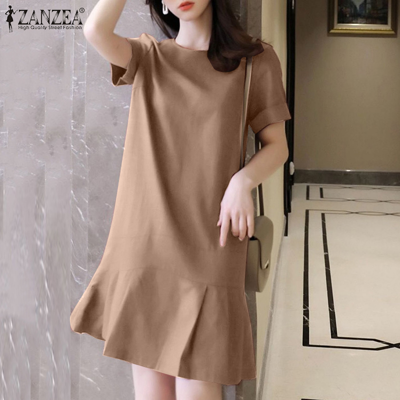 ZANZEA Women Street Fashion French Style Design O-Neck Short Sleeve Slim Knee Length Dress