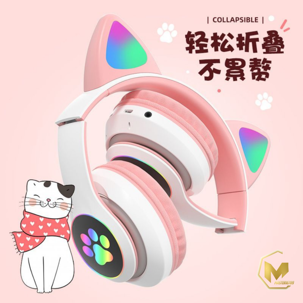 Hf bando headphone B39 STN28 Kucing Karakter LED Color Headset Gaming Bluetooth Wireless Game Headset Cat Ear LED Bando anak Perempuan Cewek Wanita Headset Led RGB Headset Komputer Headphone Laptop MA025