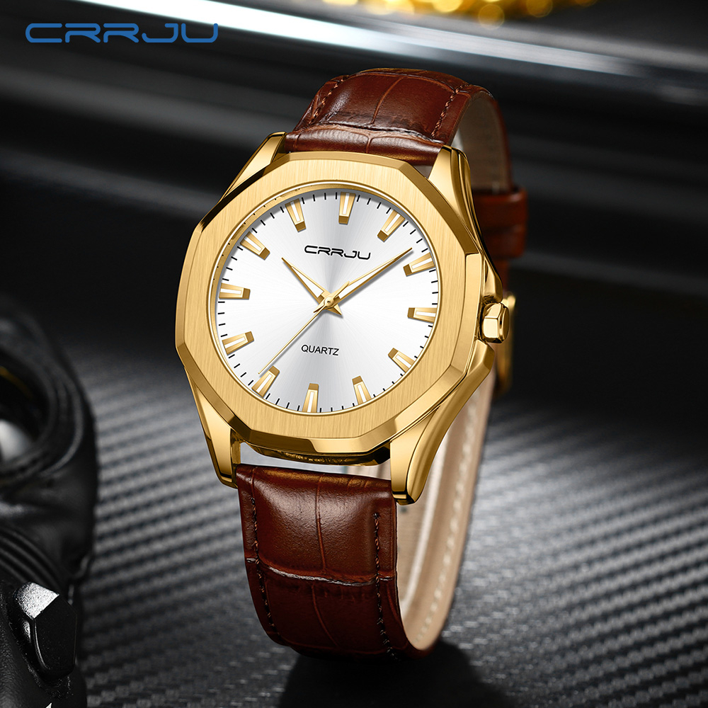 CRRJU Jam Tangan Pria Original Anti Air Kulit Tahan Keren Bercahaya Luxury Kuarsa Jam Tangan Cowok COD Model 5015