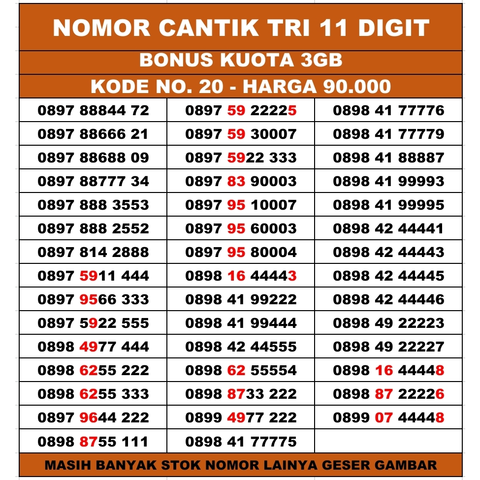Nomor Cantik Tri 11, 12 &amp; 13 DIGIT 4G Kartu Perdana Three Prabayar