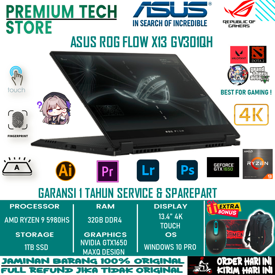 Laptop Gaming Flip Asus Rog Flow X13 Gv301qh Amd Ryzen 9 5980H 32Gb Ram 1Tb Ssd Nvidia Gtx1650 MaxQ 4K Touch Windows 10 Pro Original